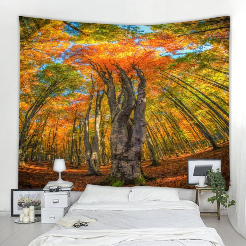 Nordic Nature Landscape Tapestry Sunshine Maple Forest Decoration Wall Tapestry Art Deco Blanket Curtain Hanging at Home Bedroom