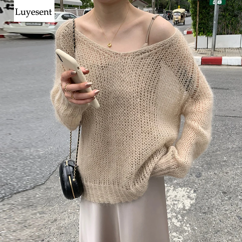 

Blue Cream Beige Loose Thin Women Pullovers Sweater 2019 Lady Deep V Neck Hollow Out Knit Casual Top Retro Jumpers Korean Style