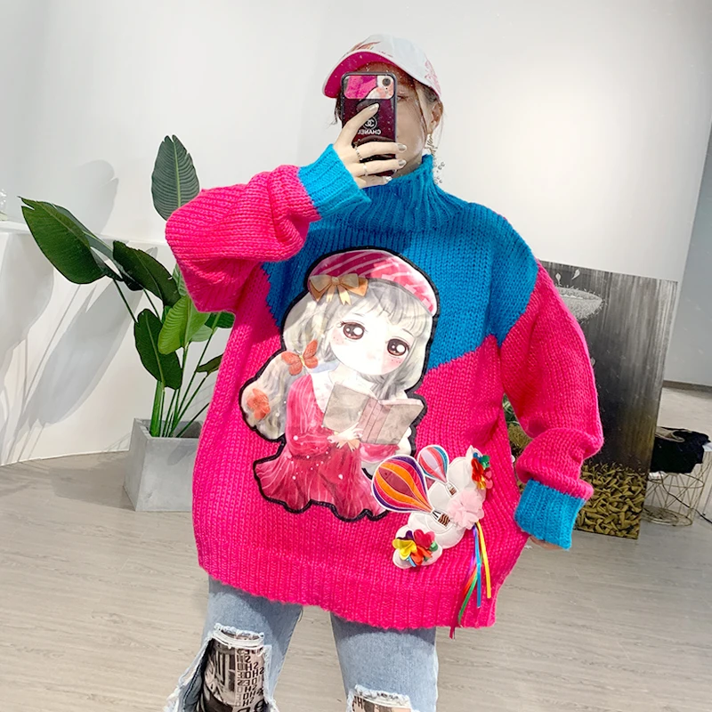 ^*Best Offers MUMUZI brand fashion sequins pullover sweater female cartoon patch printing hit color knitwear chic wild knitting tops