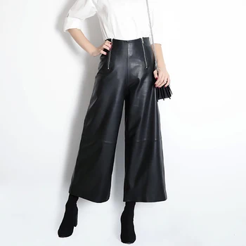 

Genuine Leather Pants 2020 Womens Autumn Sheepskin Pants Mid Waist Casual Pants Wide Leg Soft Leather Pants Women Flare Trousers