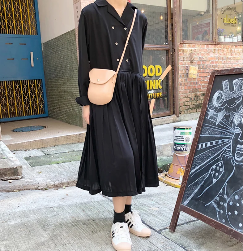 

Autumn Long Dress for Women Long Sleeve Solid Color Double Breasted Loose Vestidos Verano Casual Pleated Shirt Dress Elegant