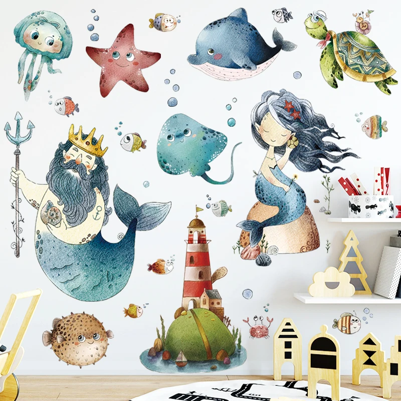 Juego De Adhesivos Removibles Modelo Sirenitas - Papel Reciclado, Pinturas Vegetales, Decoración Infantil