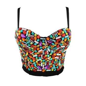 

sexy summer glitter multicolor Rhinestones beading bustier korean sleeveless crop top women party club reflective tank tops