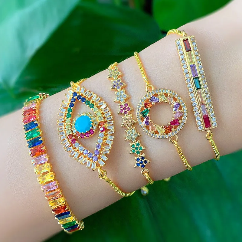 

Autumn Style Gold Zirconia Bracelet&bangle Women's Rainbow Shell Bracelet Luxury Adjustable heart eye snake chain Bracelet