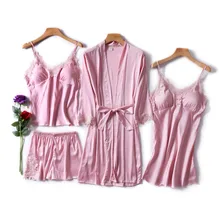 4 шт., сексуальный пижамный комплект, Женский комплект из искусственного шелка, кружевная рубашка без рукавов, шорты, летний халат, одежда для сна с нагрудными накладками, пижамные комплекты