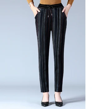 

2020 New Autumn Winter Women Trousers Harem pant Elastic Waist Pleated Trousers stripe Pant Velve Pants