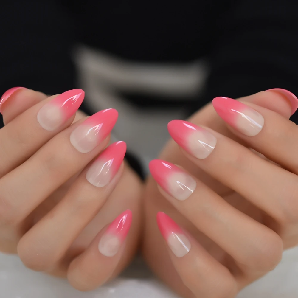 New French Peach Pink Fake Nail Full Almond Daily Artificial Nails Gradient  Shiny Stiletto Manicure Accessories|False Nails| - AliExpress