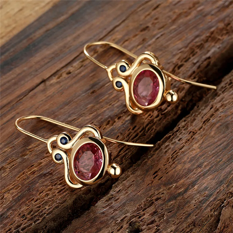 Antique Red Oval Stone Drop Earrings Vintage Fashion Yellow Gold Color Dangle Earrings For Women Charm Crystal Wedding Earrings