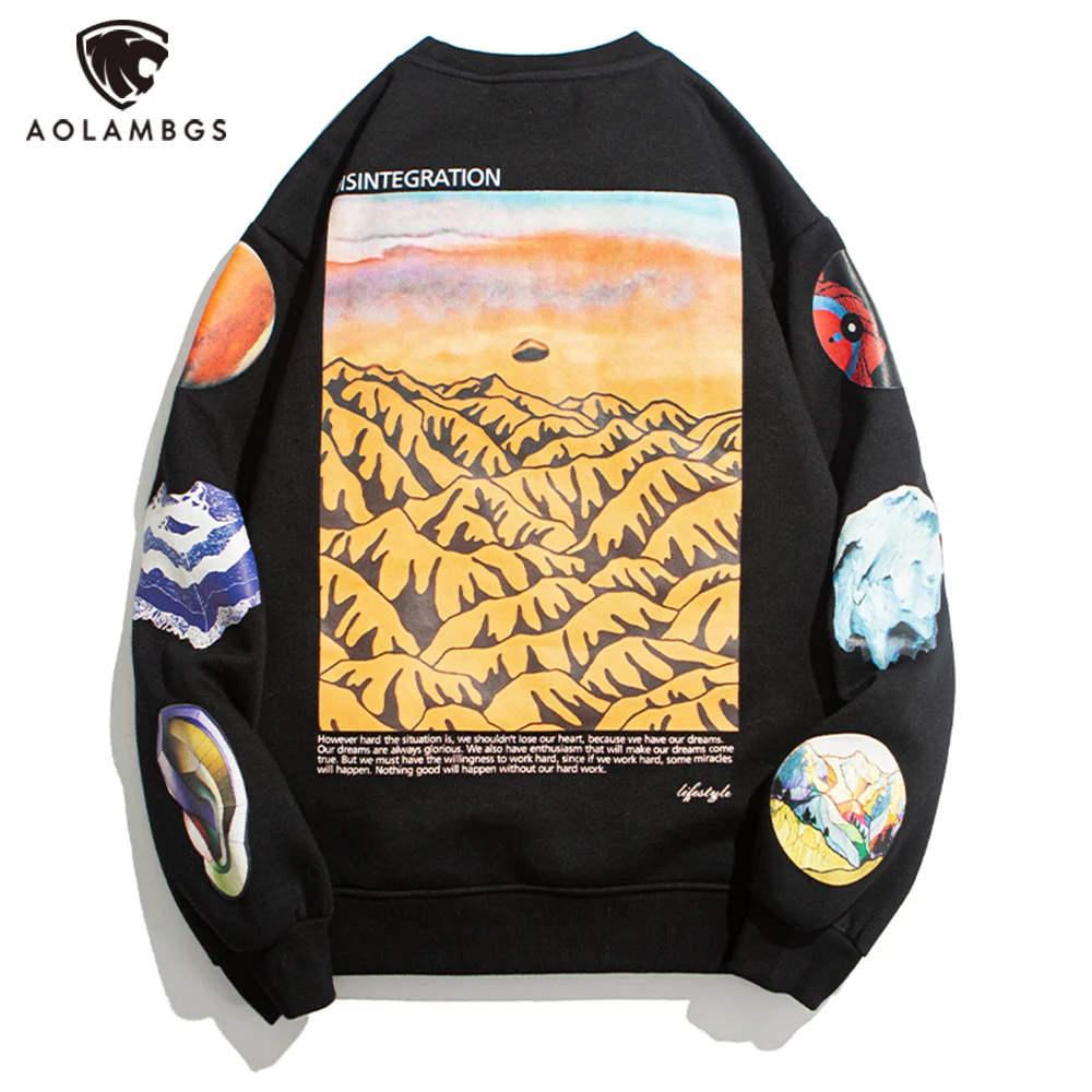 

Aolamegs Universe Planet Print Wonderland Illustration O-Neck Fleece Sweatshirt Men Japanese Retro Harajuku Hip Hop Pullover Men