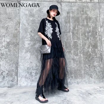 

Loose Women Black Mesh Perspectie Split Midi Dress Round Neck Short Sleeve Loose Fit Fashion Tide Spring Summer 2020 I71Y