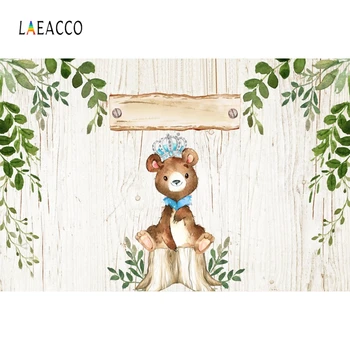 

Laeacco Customized Photography Backdrops Baby Birthday Photo Backgrounds Bear Crown Wood Grain Leaves Photophone Photozone Props