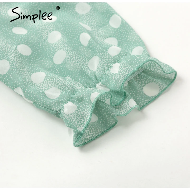 Simplee Elegant dot print women summer dress Short sleeve ruffle sash female midi dress Pearl buttons a-line ladies green dress