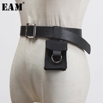 

[EAM] Pu Leather Black Mini-bag Split Joint Long Wide Belt Personality Women New Fashion Tide All-match Spring 2020 1T683