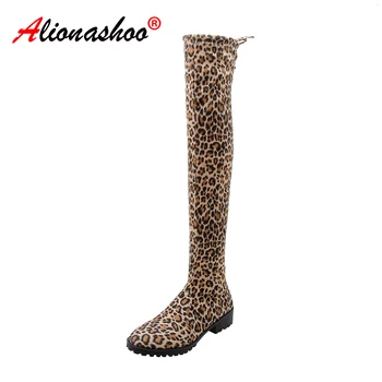 

Drop Shipping Women Thigh High Boots Leopard Printing Flock Lace-up Female Slim Over The Knee Boots Plus Size Botas Shoes 34-43
