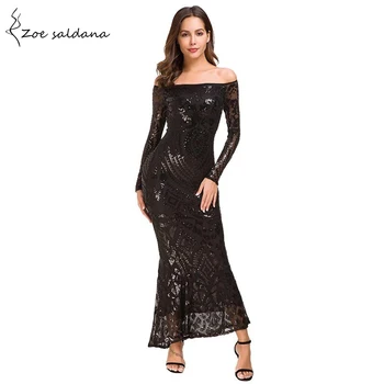 

Zoe Saldana Evening Party Dresses sequins slash neck long sleeve trumpet mermaid Banquet Dress Prom Gowns Robe De Soiree