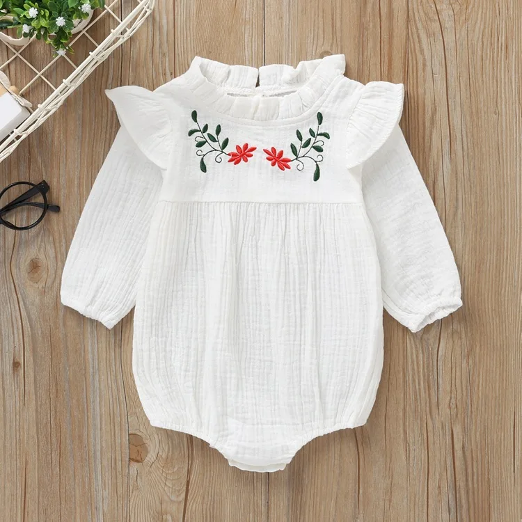 6M-2T bodysuit for girls embroidery flower on collar full length long sleeve solid color clothing - Цвет: Белый
