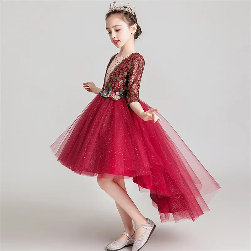 3~14Years Children Girls Elegant Wine-red Luxury Florals Birthday Wedding Party Princess Fluffy Dress Kids Piano Host Dress Wear