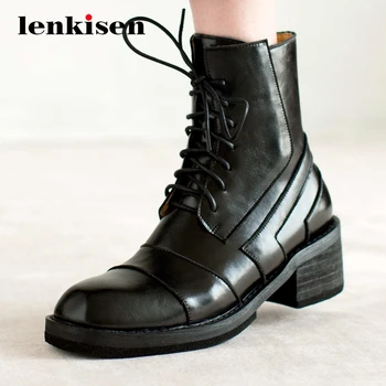 

Lenkisen western boots natural leather high quality cross-tied round toe thick high heel zip young girls dress ankle boots L56