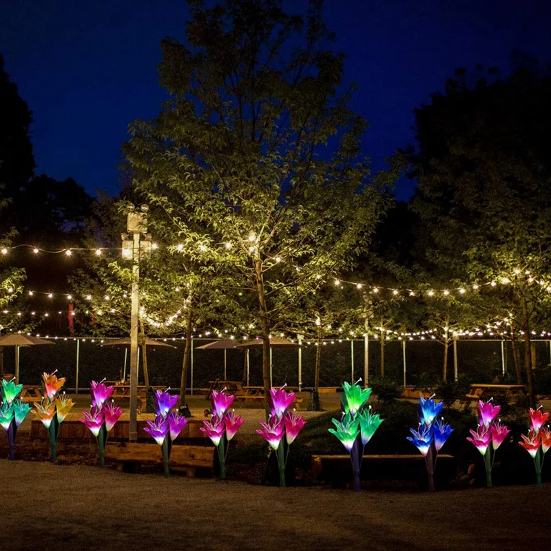 New Outdoor Solar Garden Stake Lights 3 Pack With 12 Lily Flowers,Solar Flower Lights,Multi-Color Changing Led Solar Decorative