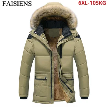 

warm fleece winter men thick parka cotton hooded jacket man high quality plus size 5XL 6XL father gift outwear zipper pocket 110