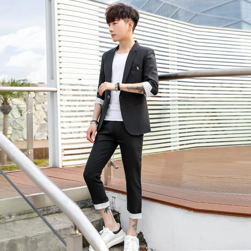 Новые модные летние мужские костюмы Slim Fit 3/4 рукав короткая куртка брюки 2 шт набор одна кнопка C93