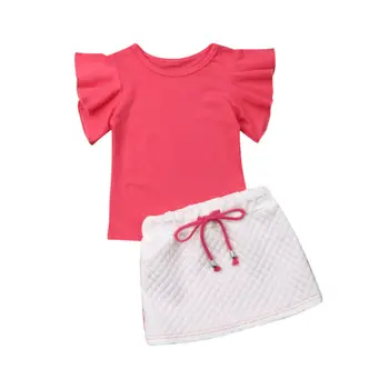 

2PCS Toddler Kid Baby Girl Summer Clothes short sleeve red Ruffle Tops T-Shirt mini white Skirt sweet girl Dress Outfit Set