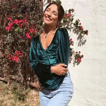 

Vintage Velvet Crop Tops Women Autumn Long Sleeve Stretch Tees Mujer Button Sexy V-Neck Green Leisure T-Shirt