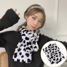 

91cm*13.5cm Plush Scarf For Women Ladies Black And White Cow Spots Print Winter Warm Shawl Imitation Fur Collar Neck Warmer