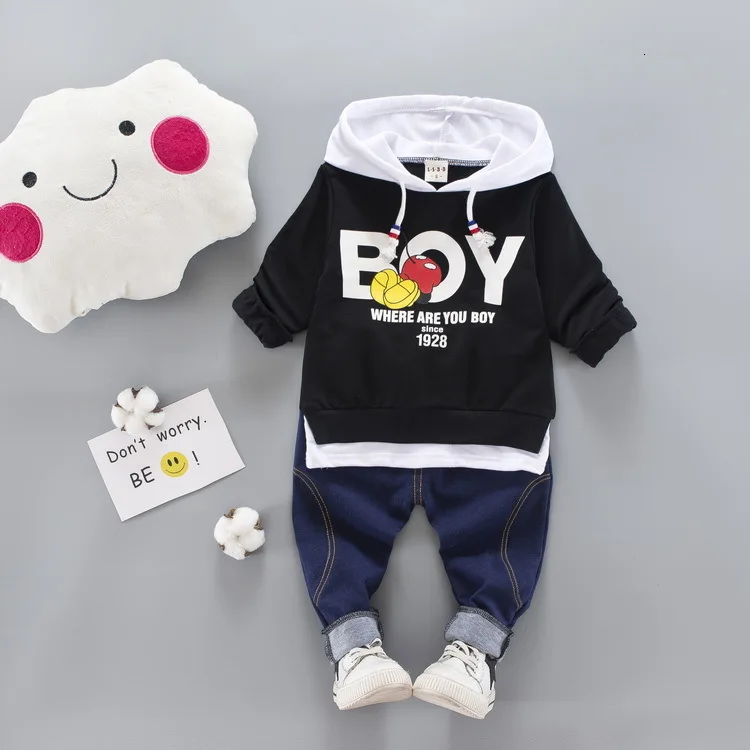 XH boy F Black Демисезонный, детская одежда, костюм для детей, для мальчиков и девочек, футболка с надписью, с длинными рукавами, с капюшоном, футболка и брюки, 2 шт./компл. Детские Повседневная одежда - Цвет: XH boy F Black