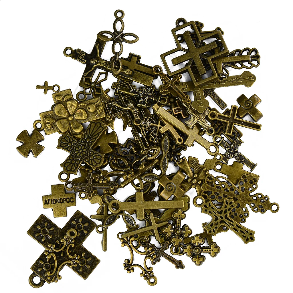 50Pcs Antique Bronze Alloy Different Design Cross Charms For DIY Jewelry Making