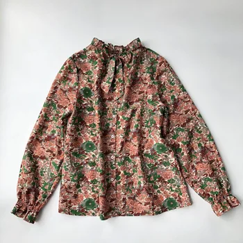 

Women Floral Printed Stand Collar Shirt Silk Cotton Ruffles Long Sleee Back Bow Tie Lace-up Vintage Blouse with Buttons
