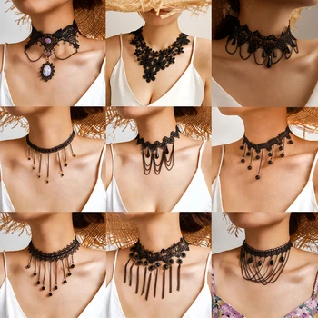 

Tocona Black Sexy Lace Tassel Pendant Necklace for Women Flowers Star Water Drop Bead Flower Choker Necklace Jewelry Gift