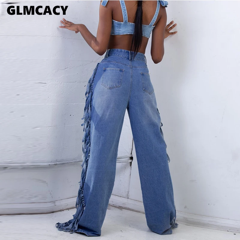 Женские джинсы больших размеров с кисточками, с высокой талией и широкими штанинами, однотонные синие джинсы с потертостями, свободные стильные джинсы