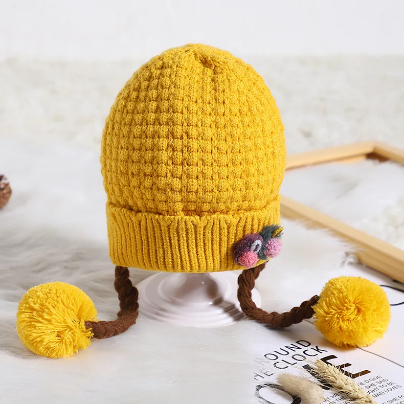 Новая шерстяная шапка для малышей, вязаные шапочки с цветочным рисунком для малышей на осень и зиму, мягкая теплая вязаная шапочка для новорожденного, Детские Кепки из хлопка для детей 3-24 месяцев - Цвет: Yellow