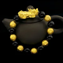 Желтое золото цветные браслеты для Для мужчин 10 мм Будда черный бусины Храбрые войска цепочка браслет в едином положении во время занятий легкой атлетикой, подарки на день рождения Bijoux(украшения своими руками
