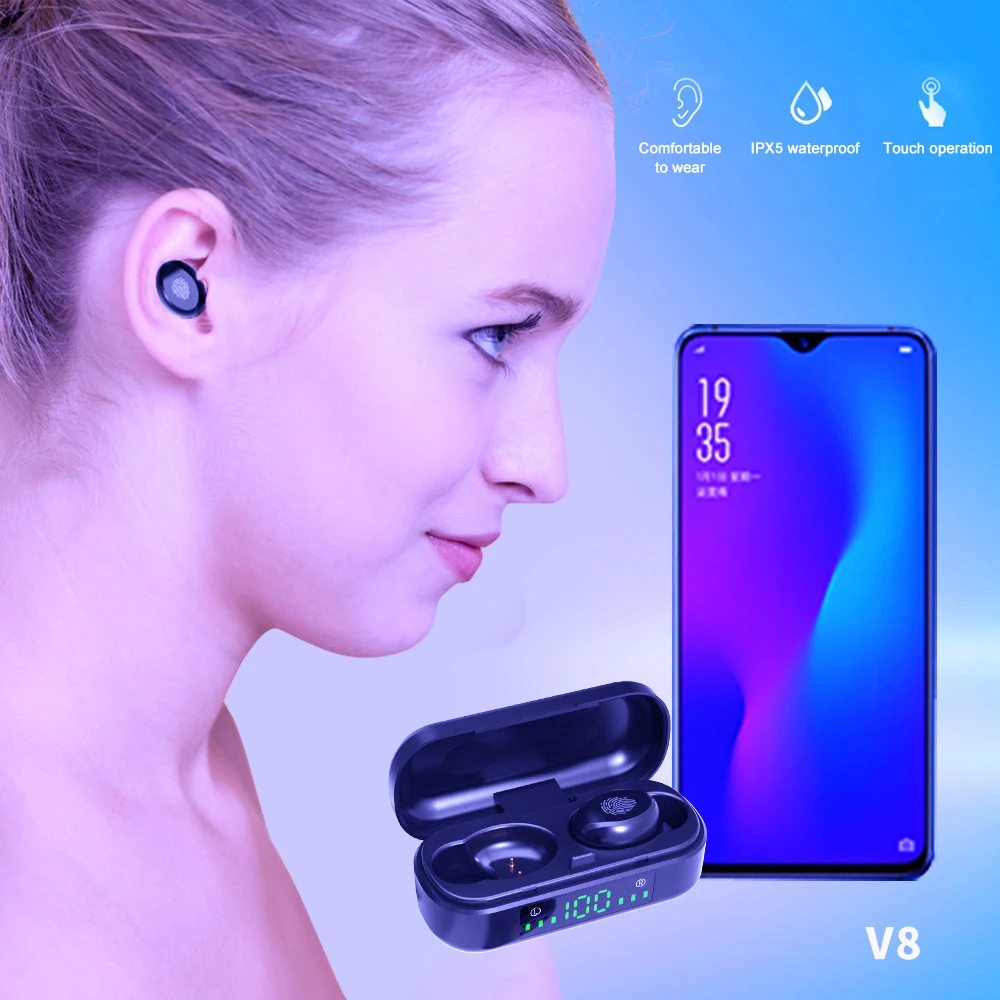 Беспроводные наушники TWS Bluetooth наушники 5,0 сенсорное управление fone de ouvido V8 Мини спортивная Гарнитура светодиодный дисплей 2000 мАч Внешний аккумулятор