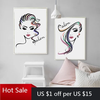 Billig Schöne Mädchen Haar Salon Kunstdruck Poster Haar Salon Leinwand Malerei Wand Bilder Friseur Shop Raum Dekoration Wand Dekor