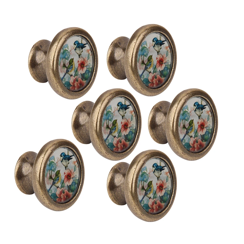 6Pcs Vintage Brass Wardrobe Drawer Door Cupboard Pull Bin Retro Handle Knob Birds and Flower Pattern Antique Knobs | Обустройство