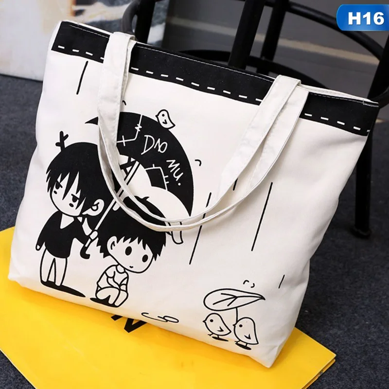 H16 Large White Canvas Tote Bag Fabric Cotton Cloth Reusable Shopping Bag Women Beach Handbags Cats Printed Grocery Bags Big - Цвет: H16