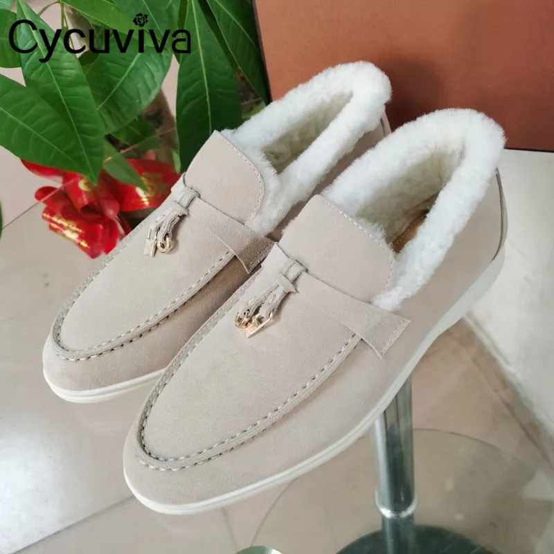 

Cycuviva New Winter Women Flat Shoes Metal Decor Wool Snow Boots Warm Slip-on Fur Shoes Ladies Designer Summr Walk Loafers