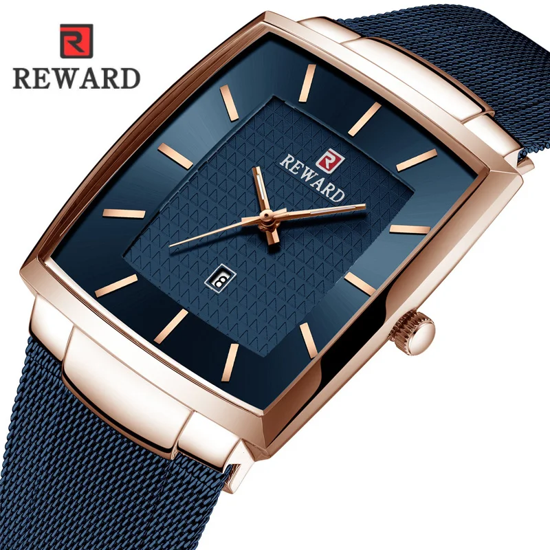 Baratos Reloj cuadrado de recompensa para hombres relojes de pulsera militares de malla delgada a prueba de agua para hombres reloj de hombre para negocios reloj Masculino deportivo de cuarzo