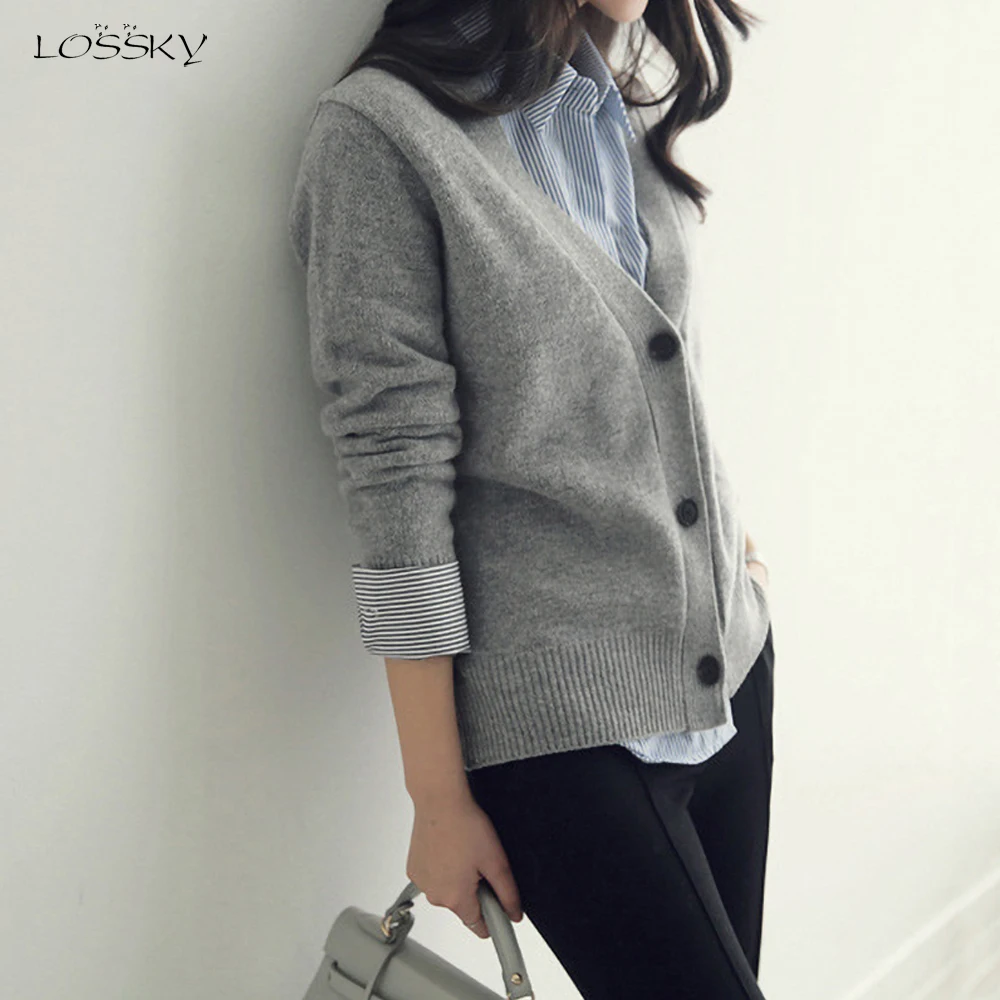 Knitted Cardigan Sweater Korean Autumn Long Sleeve V Neck Black Slim Button Up Basic Cardigans Tops Women 2020 Fashion Clothes |
