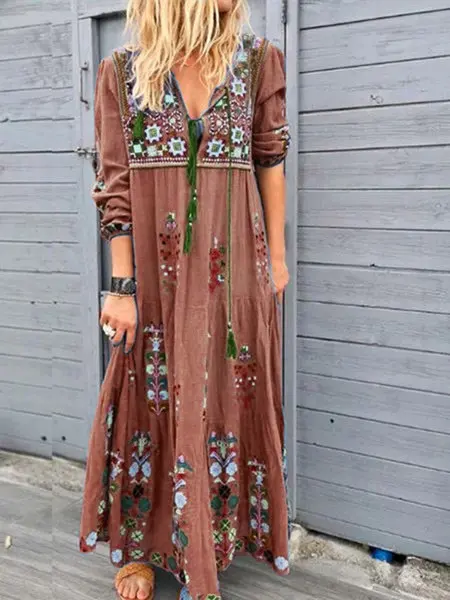 Stylish Drawstring Lace Long Sleeve Dress Bohemian Flower Printed Fashion Long Dresses Big Size 5XL 2020 New