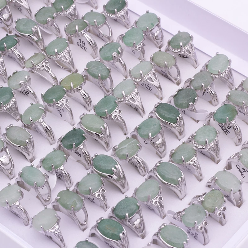 25PCS Random Natural Stone Finger Rings For Women Oval Shape Real Light Green Stone Rings Party Wedding Mom Gift Accessory