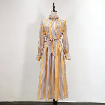 

Vintage Stripe Turtleneck Lantern Long Sleeve Sashes Woman Chiffon Dress Casual Simple Fashion Spring Autumn New Vestido f2566