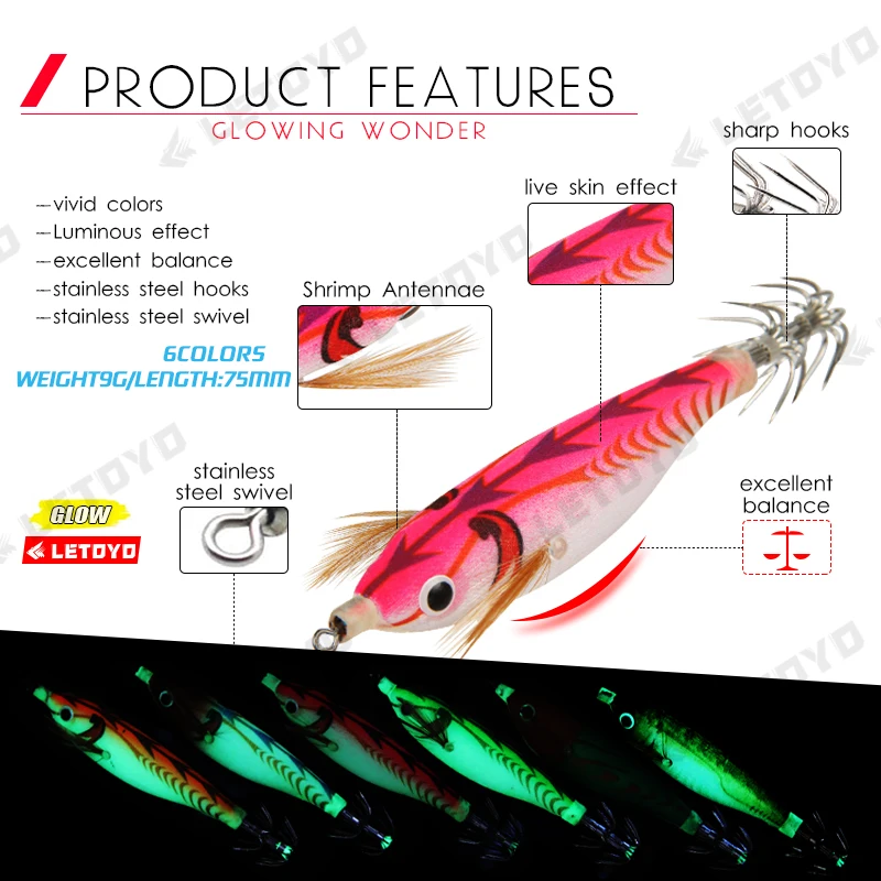 LETOYO 70mm 10g Floating Squid Jigs Fishing Lure Artificial Shrimps Squid Hook For Sea Fishing Cuttlefish Octopus Calamari Baits