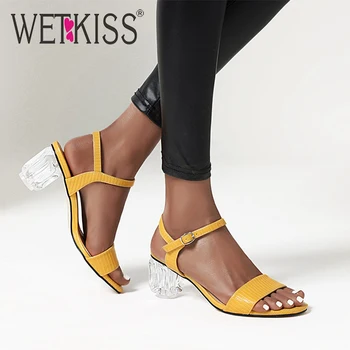 

WETKISS Transparent Heels Sandals Women Thick High Heels Shoes Woman Ankle Strap Summer Shoes Ladies Clear Sandals Big Size