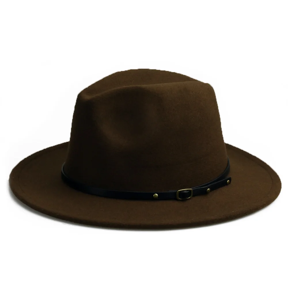 YY 14 цветов Fedora шляпа для женщин и мужчин зима PU ремень фетровая Кепка с плоскими полями шерстяной джазовый Панама Винтаж Трилби шляпа игрока FD19017 - Цвет: Brown Fedora Hat