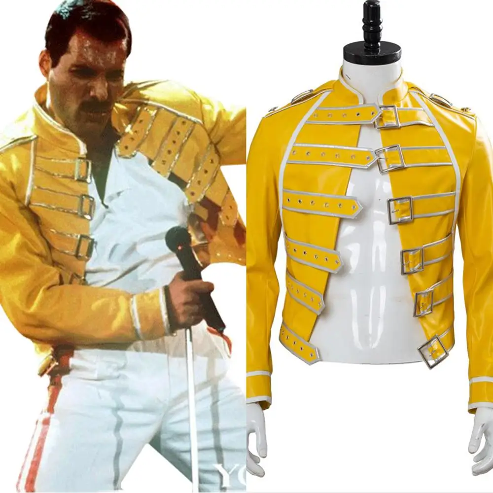 

Fast Shipping Queen Lead Vocals Freddie Mercury Cosplay Costume Yellow Jacket Men Outfit Coat Cosplay Halloween Carnival Costume