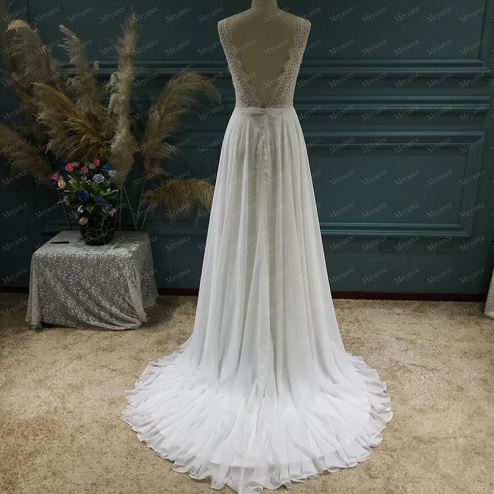 Mryarce Exquisite Lace Sleeves V Neck Chiffon A Line Wedding Dress Open Back Bridal Gowns 4